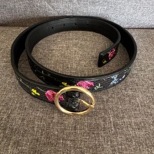WHBM Leather Belt with Black Floral Embroidered Textile Size M NWOT